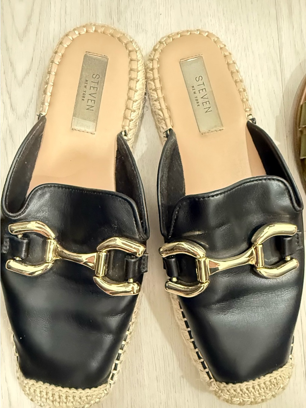 STEVEN by Steve Madden Black Leather Slip-On Mules with Gold Hardware